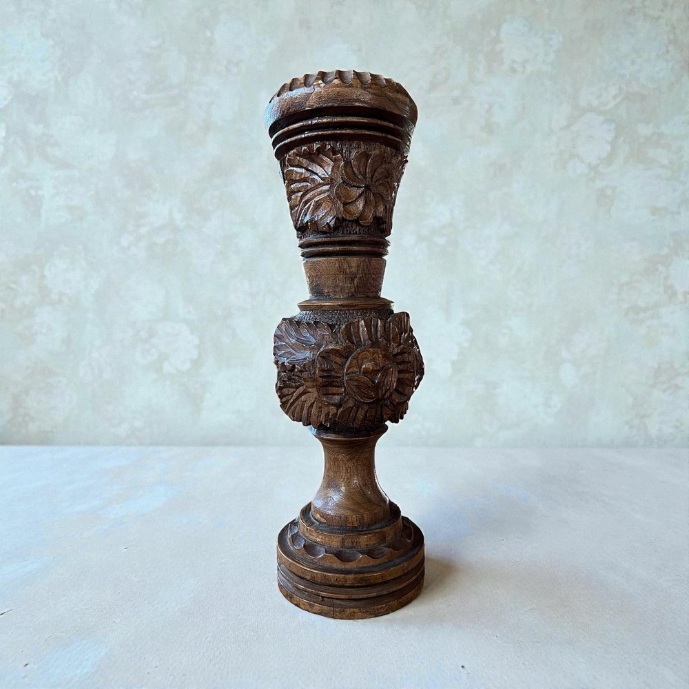 Hand Carved Floral Wooden Vase Rustic Artisan Decorative Wood Sculpture Vessel‎